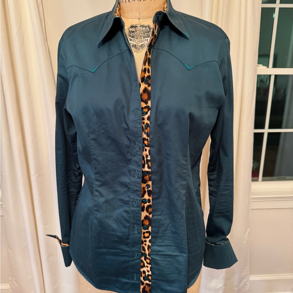 Teal CR Western Shirt with Leopard Trim